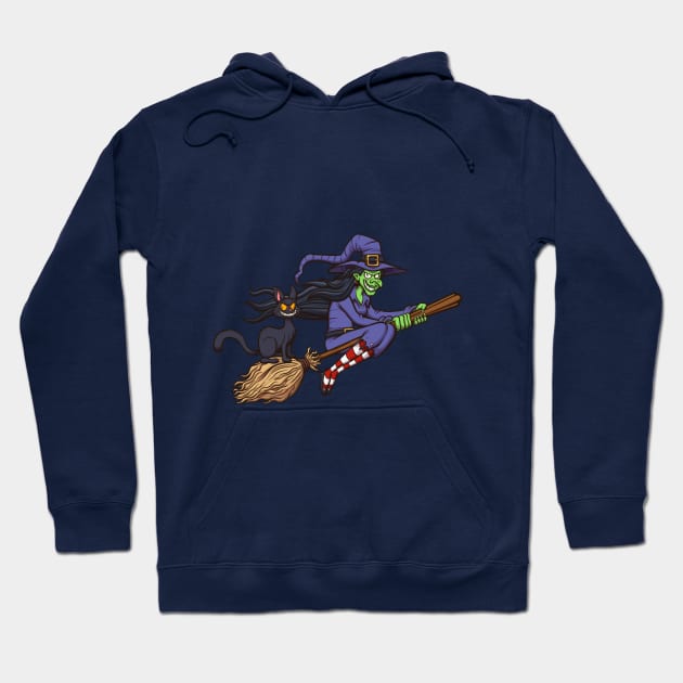 Cartoon Witch Flying On Her Broom Hoodie by TheMaskedTooner